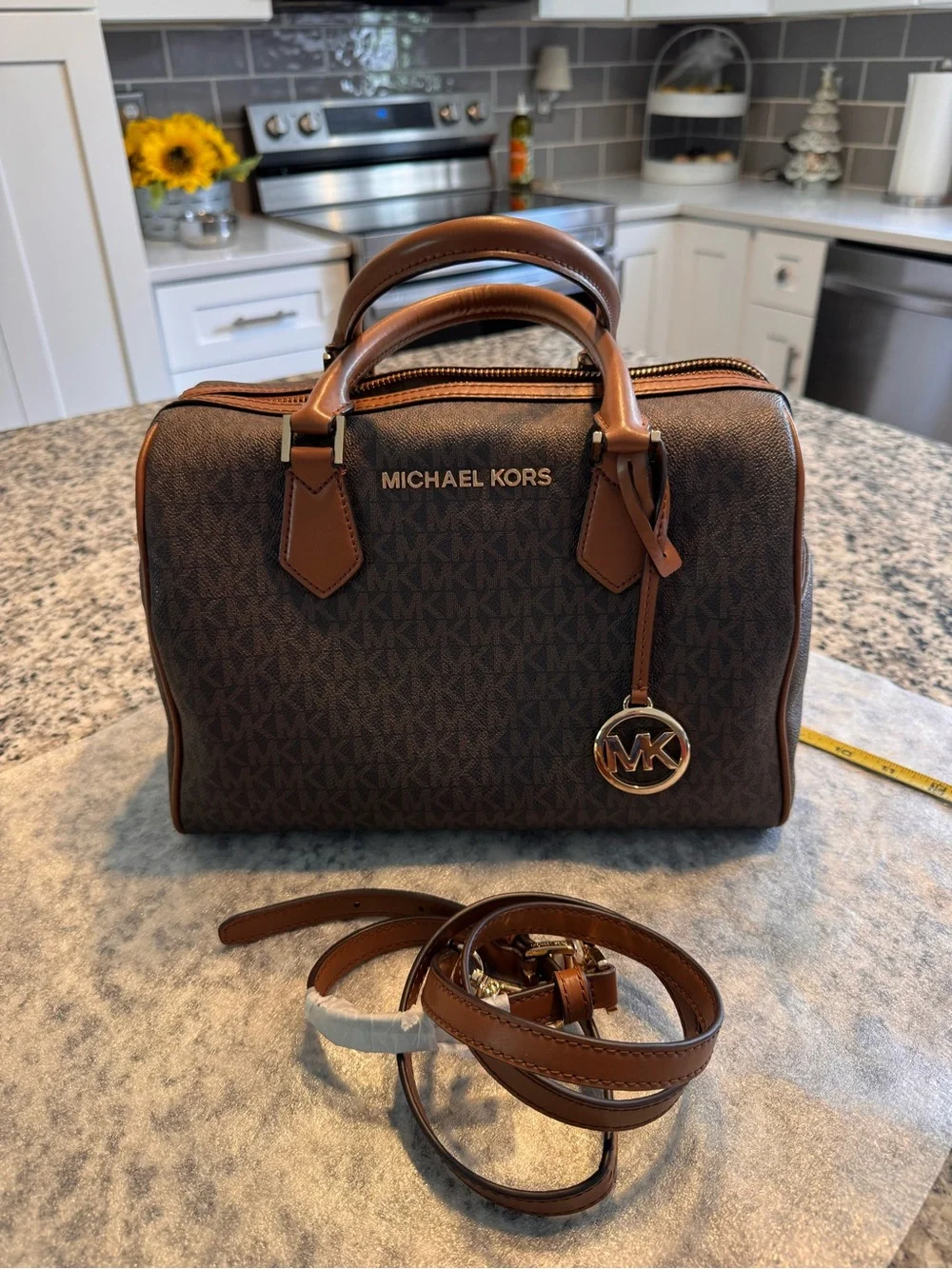 Michael Kors Bedford Brown MK Monogram Dome Satchel with Tan Trim